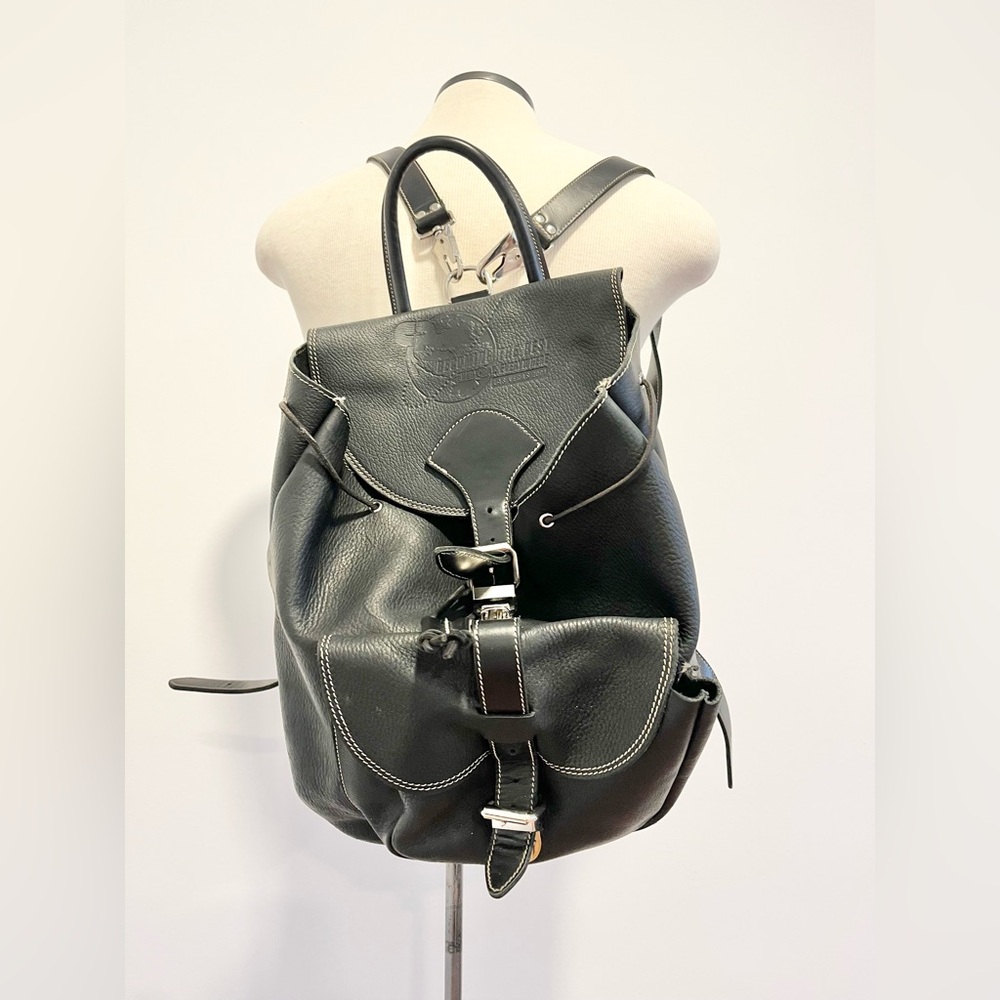 Roots Vintage Papa Alex Black Pebbled Leather Drawstring Knapsack Large Backpack - Picture 3 of 11